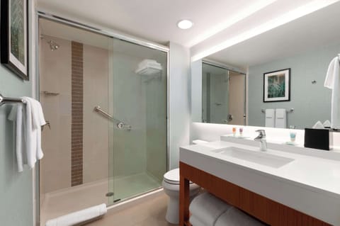 Designer toiletries, hair dryer, towels