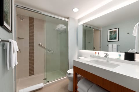 Designer toiletries, hair dryer, towels