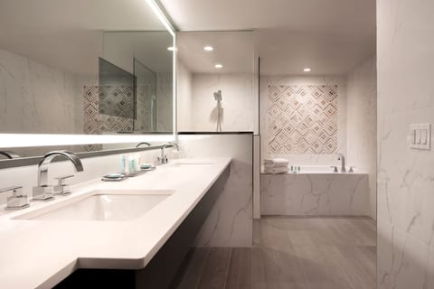 Combined shower/tub, free toiletries, hair dryer, towels