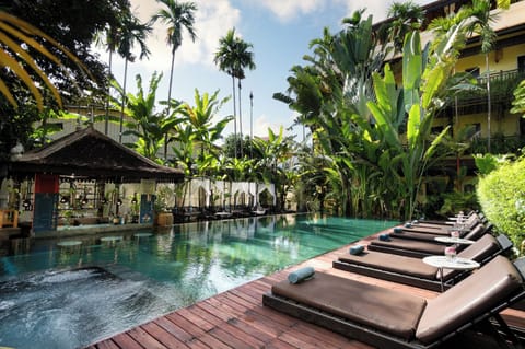 Outdoor pool, open 9:00 AM to 9:00 PM, pool umbrellas, sun loungers