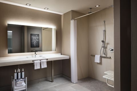 Room, 1 King Bed with Sofa bed (Mobility Accessible, Transfer Shower) | Bathroom | Free toiletries, hair dryer, bathrobes, towels