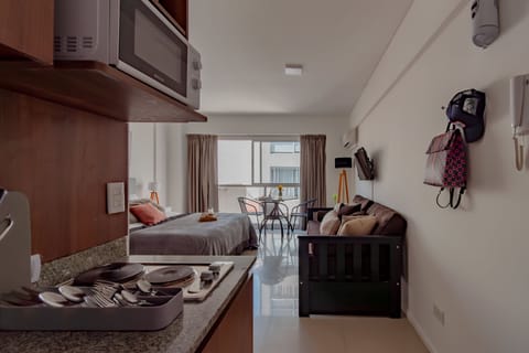 Apartment, 1 Bedroom, City View | Private kitchen | Full-size fridge, microwave, stovetop, coffee/tea maker