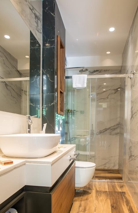 Shower, rainfall showerhead, hair dryer, slippers