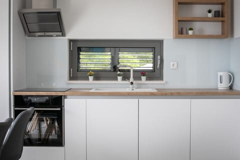 Full-size fridge, espresso maker, paper towels