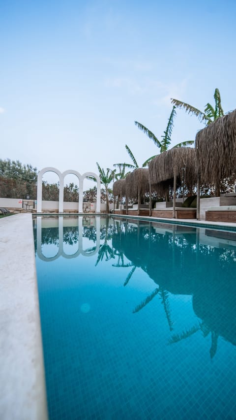 Outdoor pool, pool umbrellas, sun loungers
