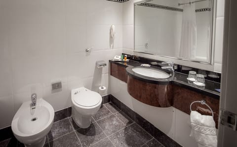 Combined shower/tub, hair dryer, towels