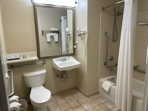 Combined shower/tub, free toiletries, hair dryer, towels
