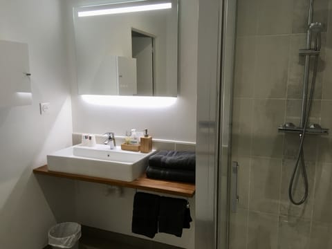 Shower, rainfall showerhead, hair dryer, towels