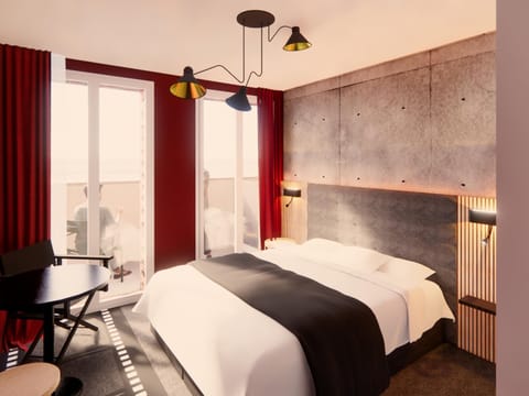 Desk, laptop workspace, blackout drapes, soundproofing