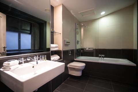 Hair dryer, bathrobes, towels, soap