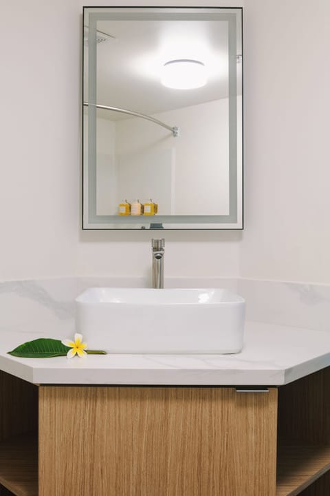 Designer toiletries, hair dryer, towels