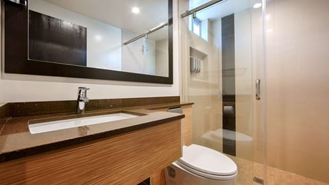 Standard Room, 1 King Bed, Non Smoking, Refrigerator & Microwave (Shower Only) | Bathroom | Free toiletries, hair dryer, towels, soap