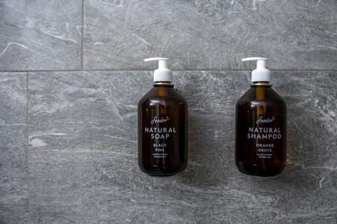 Hair dryer, heated floors, towels, soap