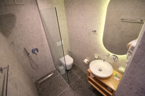 Shower, rainfall showerhead, hair dryer, towels