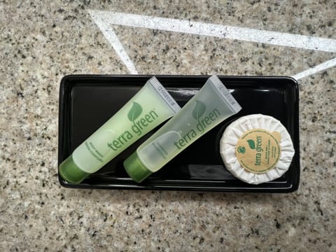 Combined shower/tub, rainfall showerhead, free toiletries, hair dryer