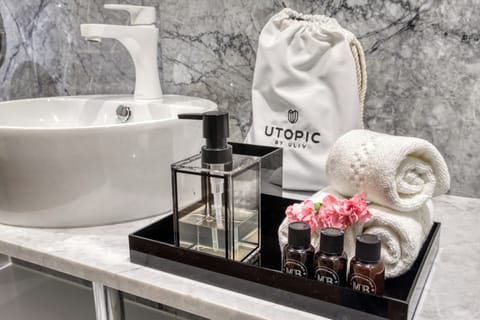 Shower, rainfall showerhead, hair dryer, bathrobes