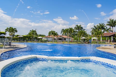 Outdoor pool, pool umbrellas, sun loungers