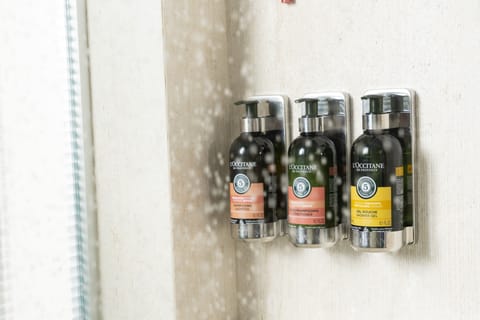 Combined shower/tub, rainfall showerhead, eco-friendly toiletries