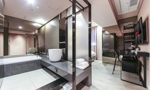 Shower, free toiletries, hair dryer, bathrobes