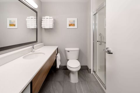 Rainfall showerhead, designer toiletries, hair dryer, towels