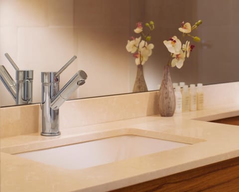 Shower, rainfall showerhead, designer toiletries, hair dryer