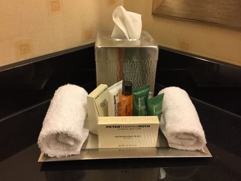 Combined shower/tub, free toiletries, hair dryer, towels