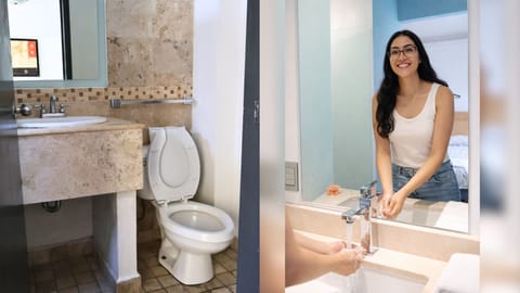 Standard room with air conditioning | Bathroom | Shower, towels, soap, shampoo