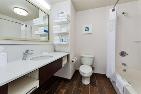 Combined shower/tub, free toiletries, hair dryer, towels