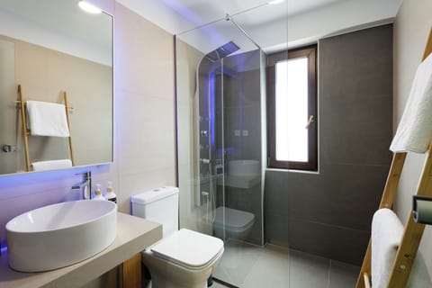 Shower, hydromassage showerhead, free toiletries, hair dryer