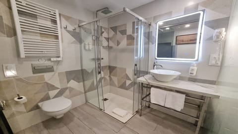 Hair dryer, towels, soap, shampoo