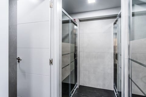 Shower, rainfall showerhead, hair dryer, soap