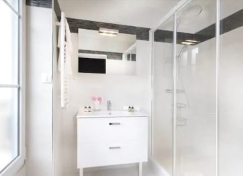 Shower, eco-friendly toiletries, hair dryer, towels