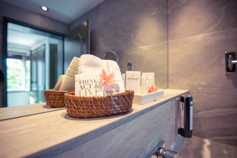 Shower, rainfall showerhead, hair dryer, bathrobes