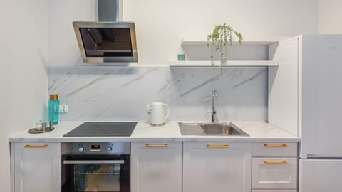 Apartment (11 B) | Private kitchenette | Fridge, stovetop, electric kettle, cookware/dishes/utensils