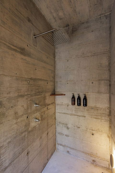 Shower, rainfall showerhead, towels, soap