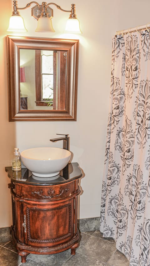 Combined shower/tub, deep soaking tub, hair dryer, towels