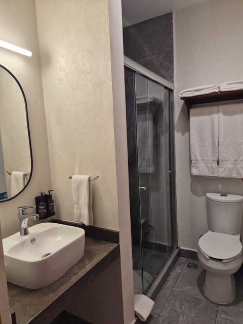 Shower, rainfall showerhead, hair dryer, towels