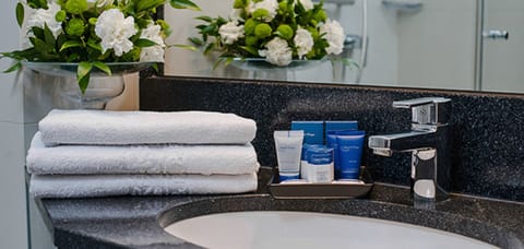 Shower, designer toiletries, hair dryer, slippers