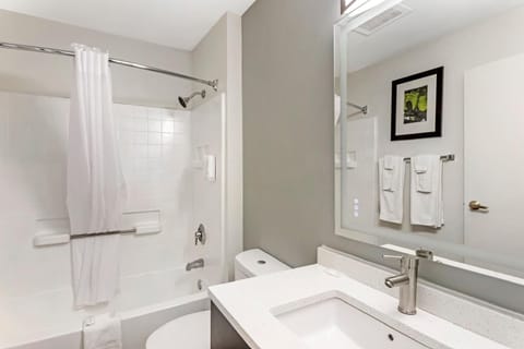 Combined shower/tub, free toiletries, hair dryer, towels