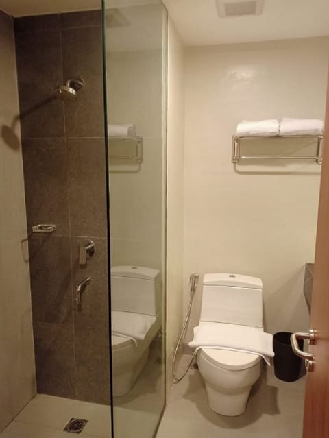 Shower, rainfall showerhead, hair dryer, bathrobes