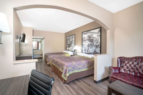 Desk, laptop workspace, blackout drapes, iron/ironing board