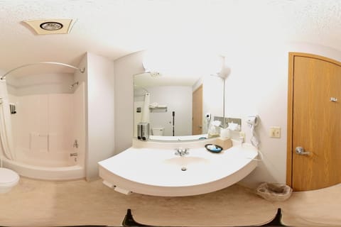 Combined shower/tub, rainfall showerhead, designer toiletries