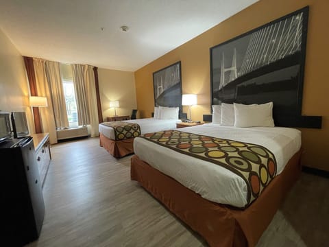 Desk, laptop workspace, blackout drapes, rollaway beds