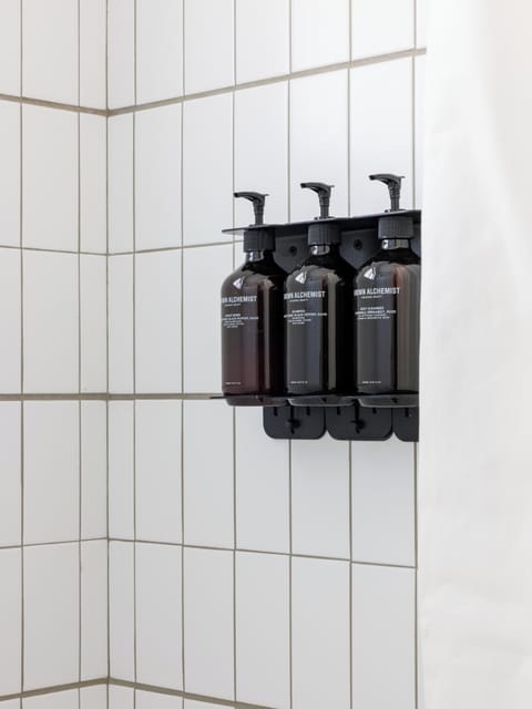 Designer toiletries, hair dryer, towels, soap