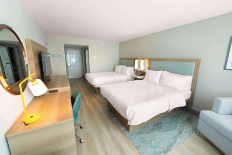 Down comforters, desk, laptop workspace, blackout drapes