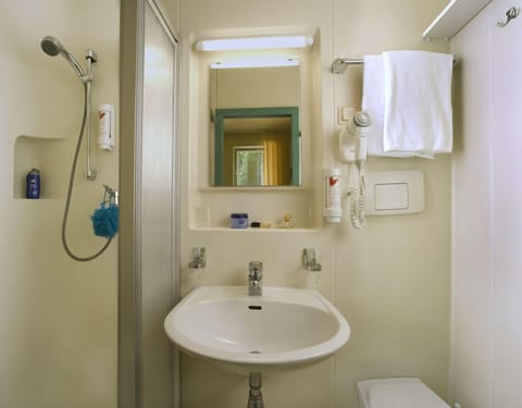 Shower, free toiletries, hair dryer, towels