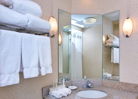 Combined shower/tub, eco-friendly toiletries, hair dryer, towels