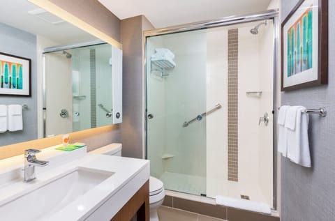 Designer toiletries, hair dryer, towels