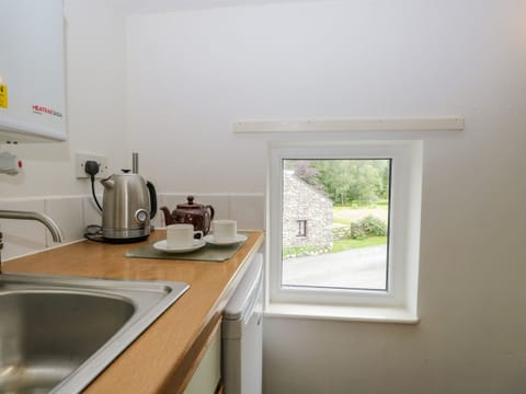 Fridge, electric kettle, toaster, cookware/dishes/utensils