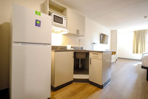 Fridge, microwave, stovetop, coffee/tea maker